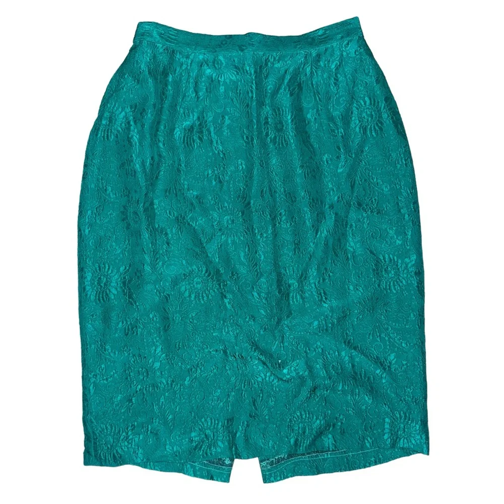 Vintage Maggy London Teal 100% Silk Brocade 2Pc Skirt Suit Set Blazer Deadstock